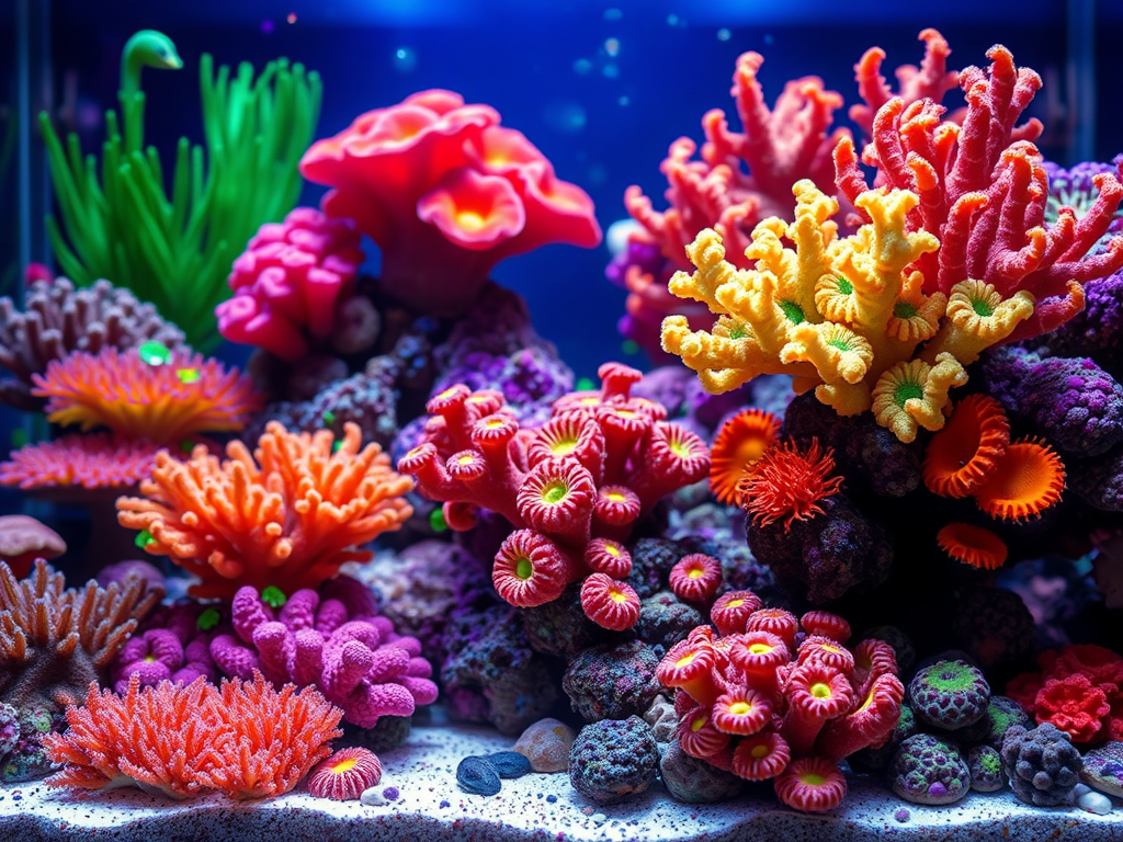 high resolution image of a vibrant and colorful reef tank showcasing 1